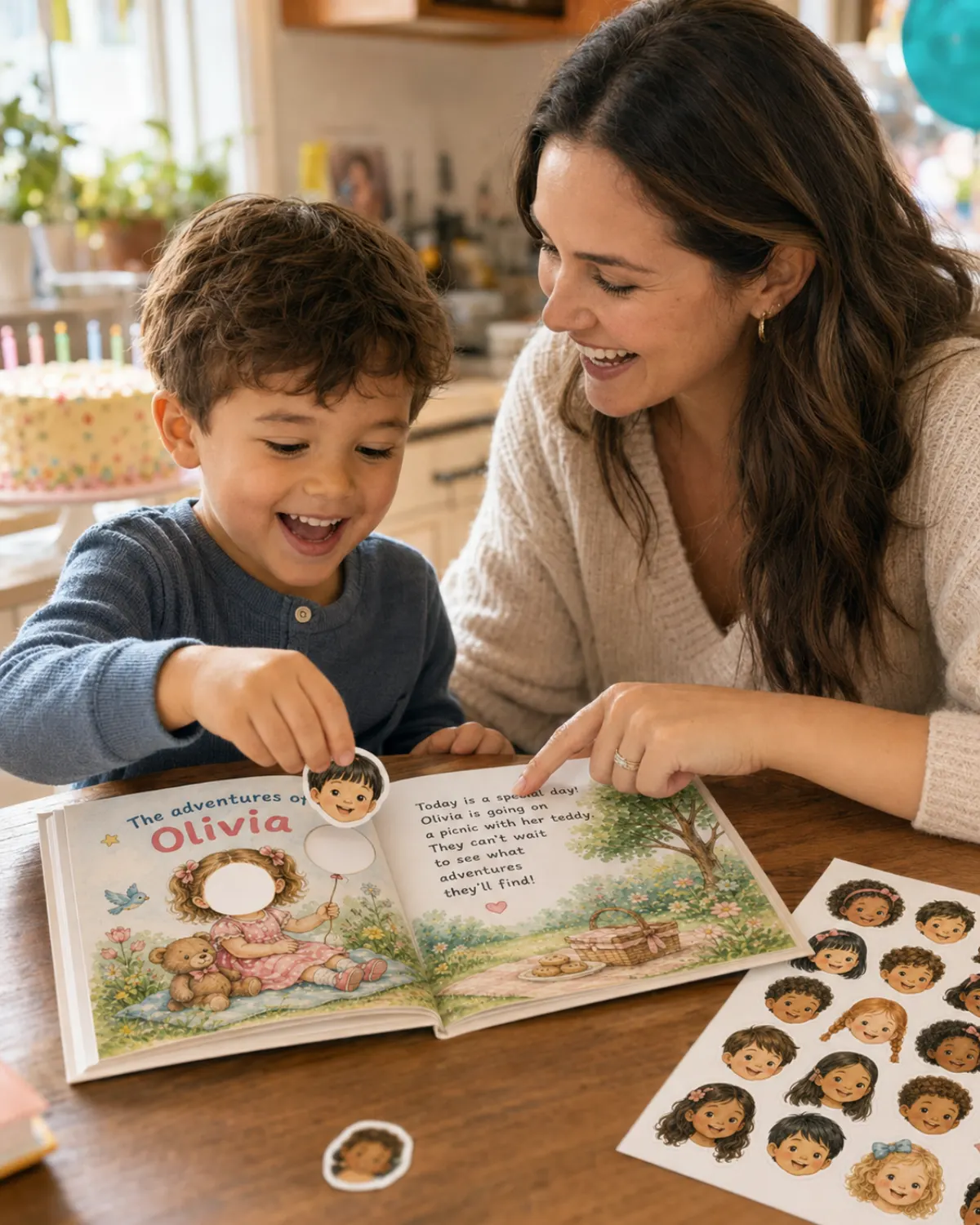 Una mamá y su hijo disfrutando un cuento personalizado con una hoja de stickers de las caras de sus amigos.